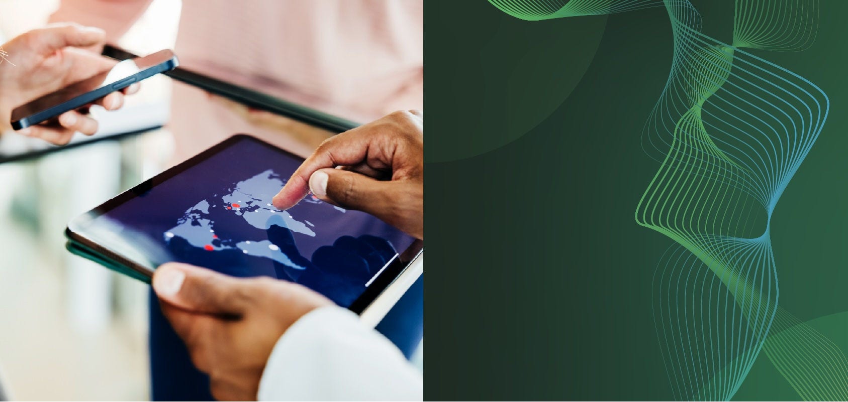 Employees look at global hotspots on an atlas displayed on mobile screens.