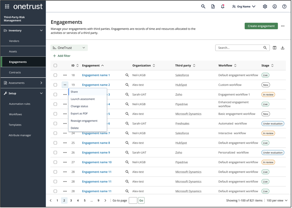 OneTrust Third-Party Risk Management Engagements page showing a list of third-party engagements. The options menu for “Engagement name 2” is open, with “Share” at the top, followed by options to launch an assessment, change status, export as PDF, reassign the engagement, or delete it.