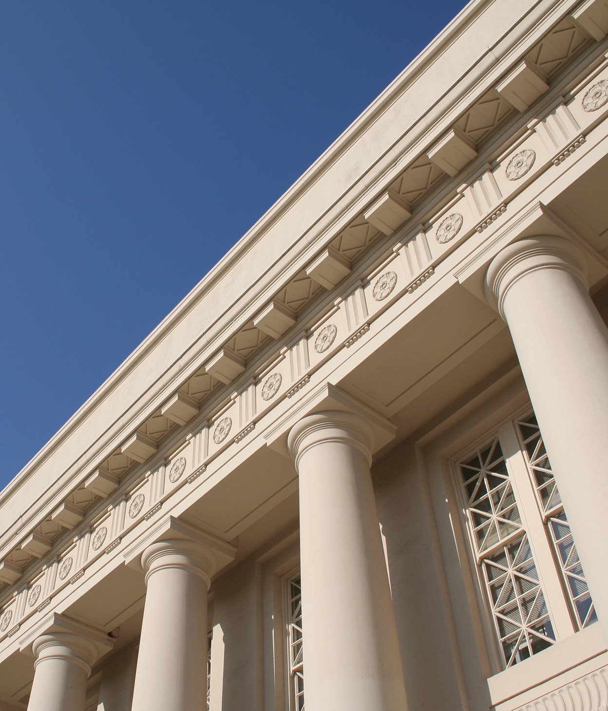 Angled view of a columned building