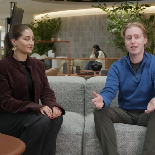 Screenshot of OneTrust BDRs Pamela Fawaz and Alexander Stuhr talking about what their roles are like at the company.